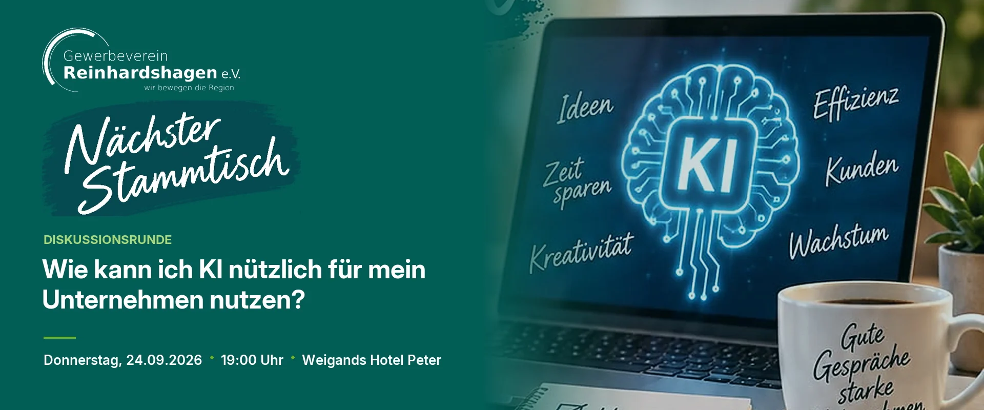 Nächster Stammtisch des Gewerbevereins Reinhardshagen e.V. am 24. September 2026 um 19:00 Uhr in Weigands Hotel Peter – Diskussionsrunde: Wie kann ich KI nützlich für mein Unternehmen nutzen?