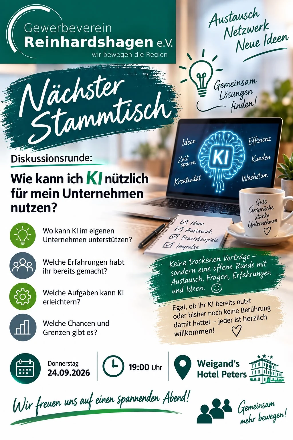 Einladung zum Stammtisch des Gewerbevereins Reinhardshagen e.V. am 24. September 2026 um 19:00 Uhr in Weigands Hotel Peter – Diskussionsrunde: Wie kann ich KI nützlich für mein Unternehmen nutzen?
